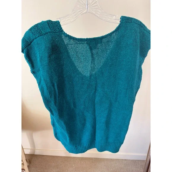 YarnWorks Silk Blend Knit Top Teal Cap Sleeve V-Neck Sweater Size M - Picture 3 of 6